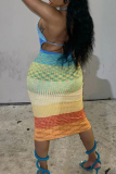 Blue Sexy Patchwork Hollowed Out Halter Pencil Skirt Dresses