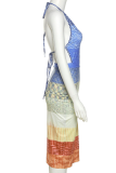 Blue Sexy Patchwork Hollowed Out Halter Pencil Skirt Dresses