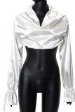 White Fashion Solid Patchwork Turndown Collar Tops