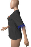 Coffee Casual Street Print Tassel Patchwork O Neck T-Shirts