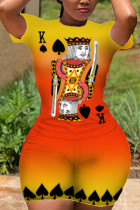 Orange Spandex Fashion Sexy adult Ma'am Patchwork Print Two Piece Suits Straight Short Sleeve Two Pieces