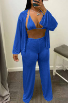 Blue Sexy Solid Patchwork Turndown Collar Long Sleeve Three Pieces