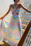 Colour Casual Print Patchwork Halter Cake Skirt Dresses