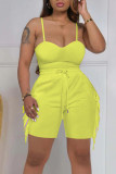 Yellow Sexy Solid Tassel Patchwork Spaghetti Strap Sleeveless Two Pieces