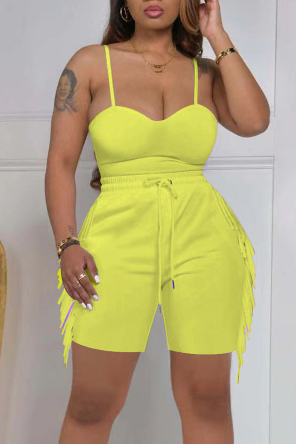Yellow Sexy Solid Tassel Patchwork Spaghetti Strap Sleeveless Two Pieces