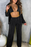 Black Sexy Solid Patchwork Turndown Collar Long Sleeve Three Pieces