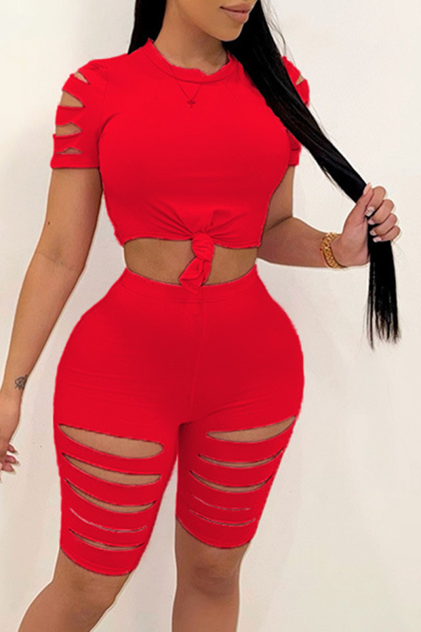 Red Casual Solid Ripped O Neck Short Sleeve Two Pieces