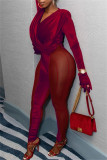 Red Fashion Sexy Solid Patchwork See-through V Neck Skinny Jumpsuits