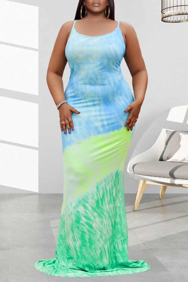 Turquoise Sexy Print Patchwork Spaghetti Strap Straight Dresses