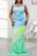 Turquoise Sexy Print Patchwork Spaghetti Strap Straight Dresses