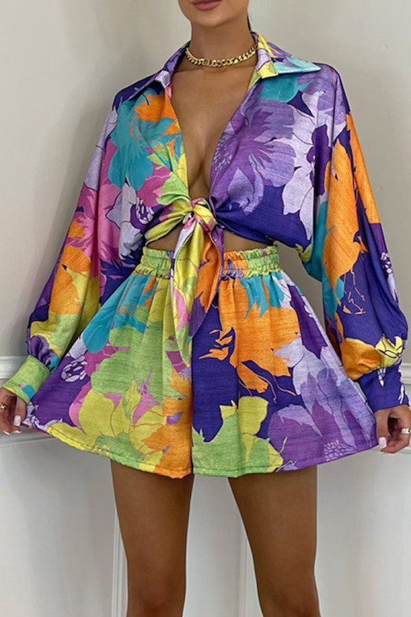 Purple Fashion Sexy Print Patchwork Turndown Collar Long Sleeve Two Pieces