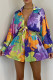 Purple Fashion Sexy Print Patchwork Turndown Collar Long Sleeve Two Pieces