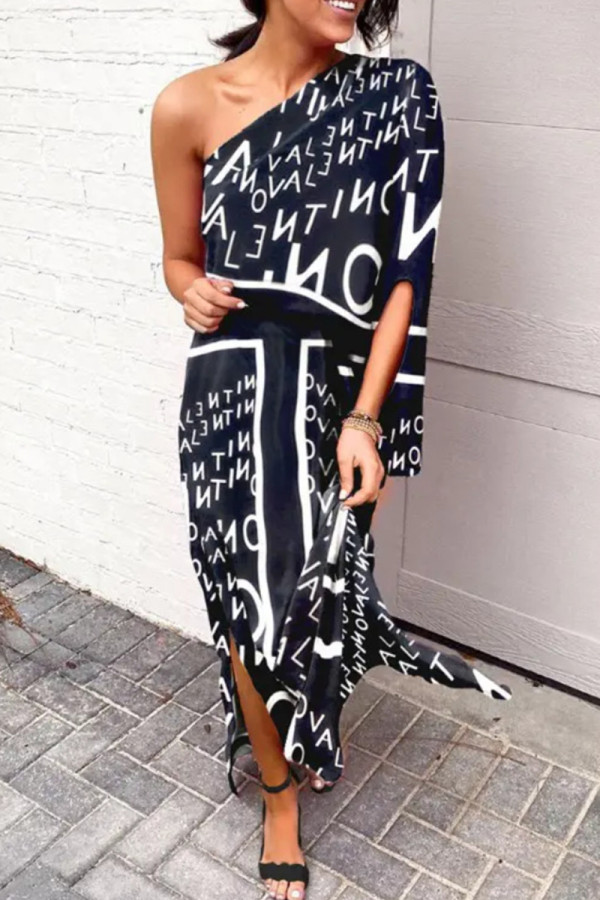 Tibetan Blue Fashion Casual Print Patchwork Slit Oblique Collar Irregular Dress