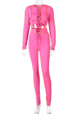 Rose Red Street Patchwork Bandage O Neck Long Sleeve Two Pieces