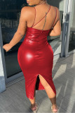 Red Sexy Solid Patchwork Spaghetti Strap Sheath Dresses