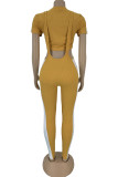 Yellow Fashion adult OL Patchwork Solid Two Piece Suits crop top pencil Short Sleeve Two Pieces