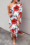 Colorful Blue Fashion Casual Print Patchwork Slit Oblique Collar Irregular Dress