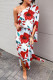 White Red Fashion Casual Print Patchwork Slit Oblique Collar Irregular Dress