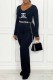 Black Fashion Sexy Print Letter V Neck Jumpsuits