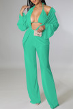 Green Sexy Solid Patchwork Fold Turndown Collar Long Sleeve Three Pieces
