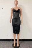 Red Sexy Solid Patchwork Spaghetti Strap Sheath Dresses