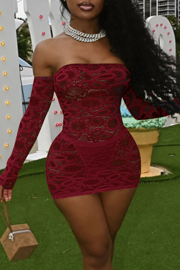 Burgundy Sexy Solid Patchwork Strapless Dresses