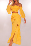 Yellow Sexy Casual Solid Patchwork Backless Off the Shoulder Long Sleeve Two Pieces