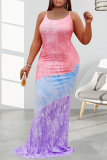Turquoise Sexy Print Patchwork Spaghetti Strap Straight Dresses