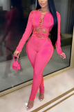 Rose Red Street Patchwork Bandage O Neck Long Sleeve Two Pieces