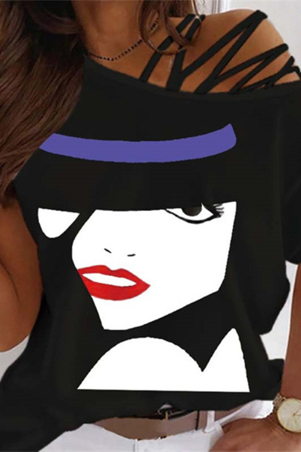 Black Purple Fashion Casual Print Basic Oblique Collar T-Shirts