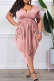 Pink Casual Solid Patchwork Fold Asymmetrical V Neck Plus Size Dresses(Without Belt)