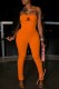 Orange Fashion Sexy Letter Print Fold Strapless Jumpsuits