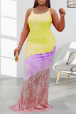 Turquoise Sexy Print Patchwork Spaghetti Strap Straight Dresses