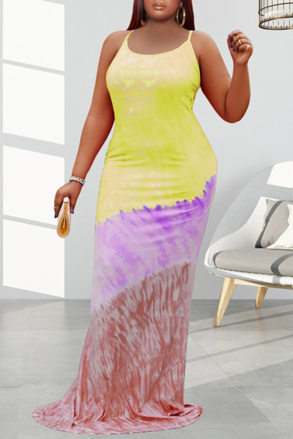 Red Yellow Sexy Print Patchwork Spaghetti Strap Straight Dresses