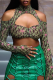 Green Sexy Print Patchwork Half A Turtleneck Tops