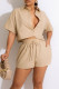 Khaki Casual Solid Patchwork Buckle Turndown Collar Short Sleeve Two Pieces