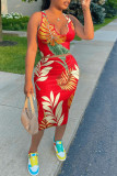 Red Fashion Sexy Print Basic U Neck Sleeveless Two Pieces