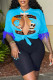 Blue Sexy Street Print Tassel Patchwork Slit O Neck T-Shirts