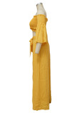 Yellow Sexy Casual Solid Patchwork Backless Off the Shoulder Long Sleeve Two Pieces