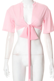 Pink Casual Solid Bandage V Neck T-Shirts
