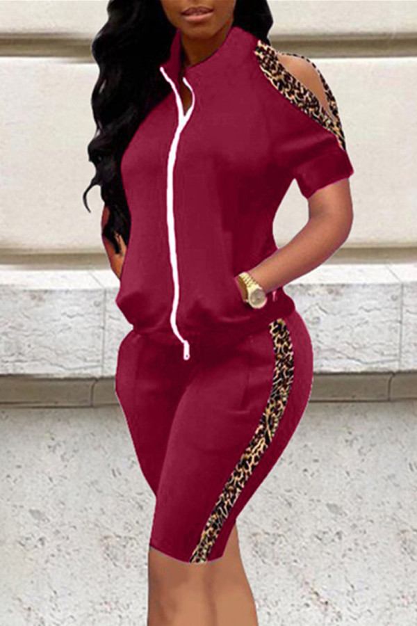 Burgundy Fashion Casual Patchwork Hollowed Out Zipper Collar Two Pieces