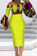 Yellow Vintage Print Patchwork Off the Shoulder Pencil Skirt Dresses