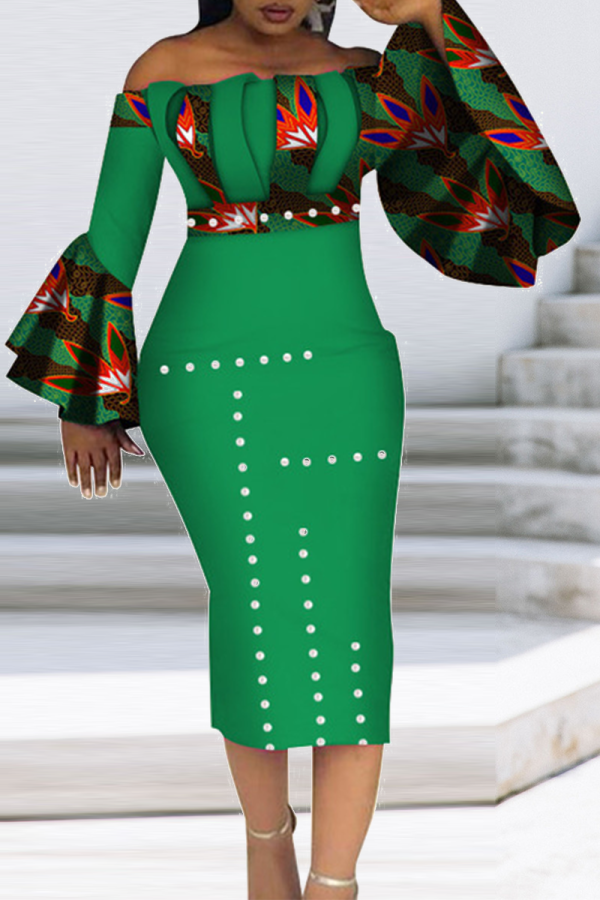 Green Vintage Print Patchwork Off the Shoulder Pencil Skirt Dresses