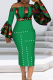 Green Vintage Print Patchwork Off the Shoulder Pencil Skirt Dresses