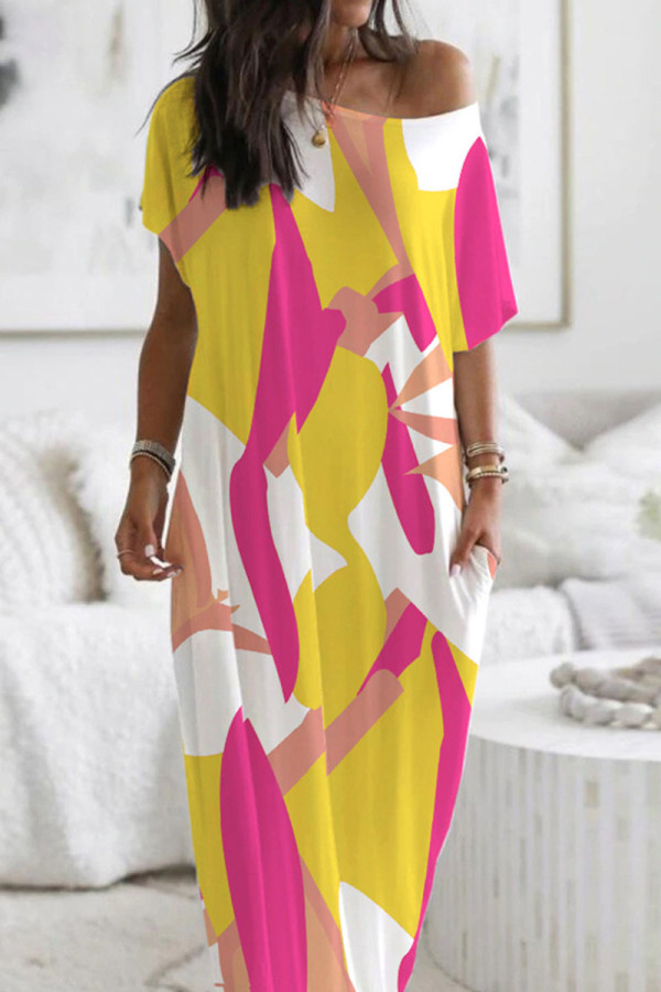 Rose Red Casual Print Patchwork O Neck Straight Dresses