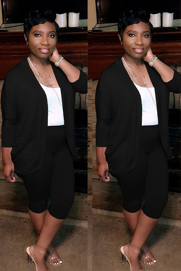 Black Fashion Casual adult Patchwork Solid Two Piece Suits HOLLOWED OUT pencil Three Quarter Two Pieces