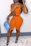 Orange Fashion Sexy Solid Hollowed Out Chains U Neck Sleeveless Two Pieces