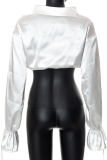 White Fashion Solid Patchwork Turndown Collar Tops