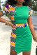 Green Fashion Patchwork Print Buttons Asymmetrical Contrast O Neck A Line Dresses