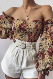 Yellow Fashion Print Patchwork Off the Shoulder Tops